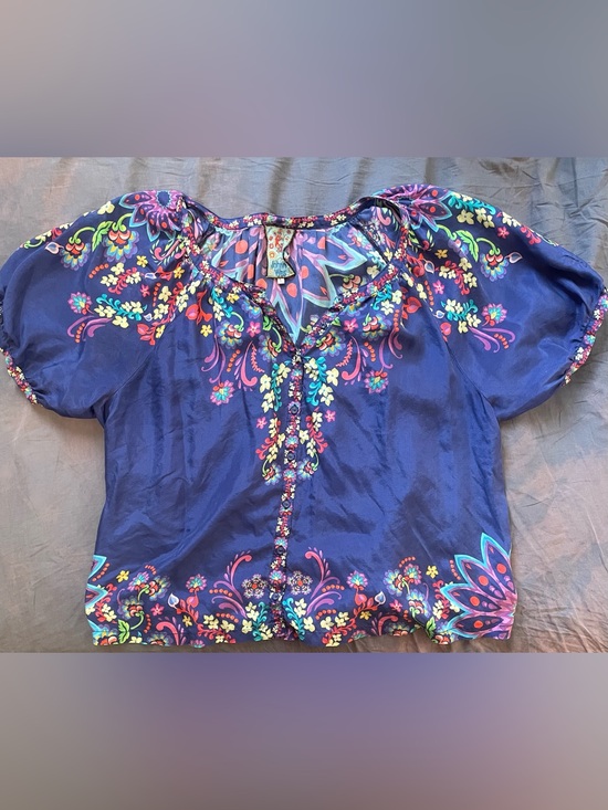 Johnny Was Tops - Johnny Was Navy Floral Embroidered Peasant Blouse